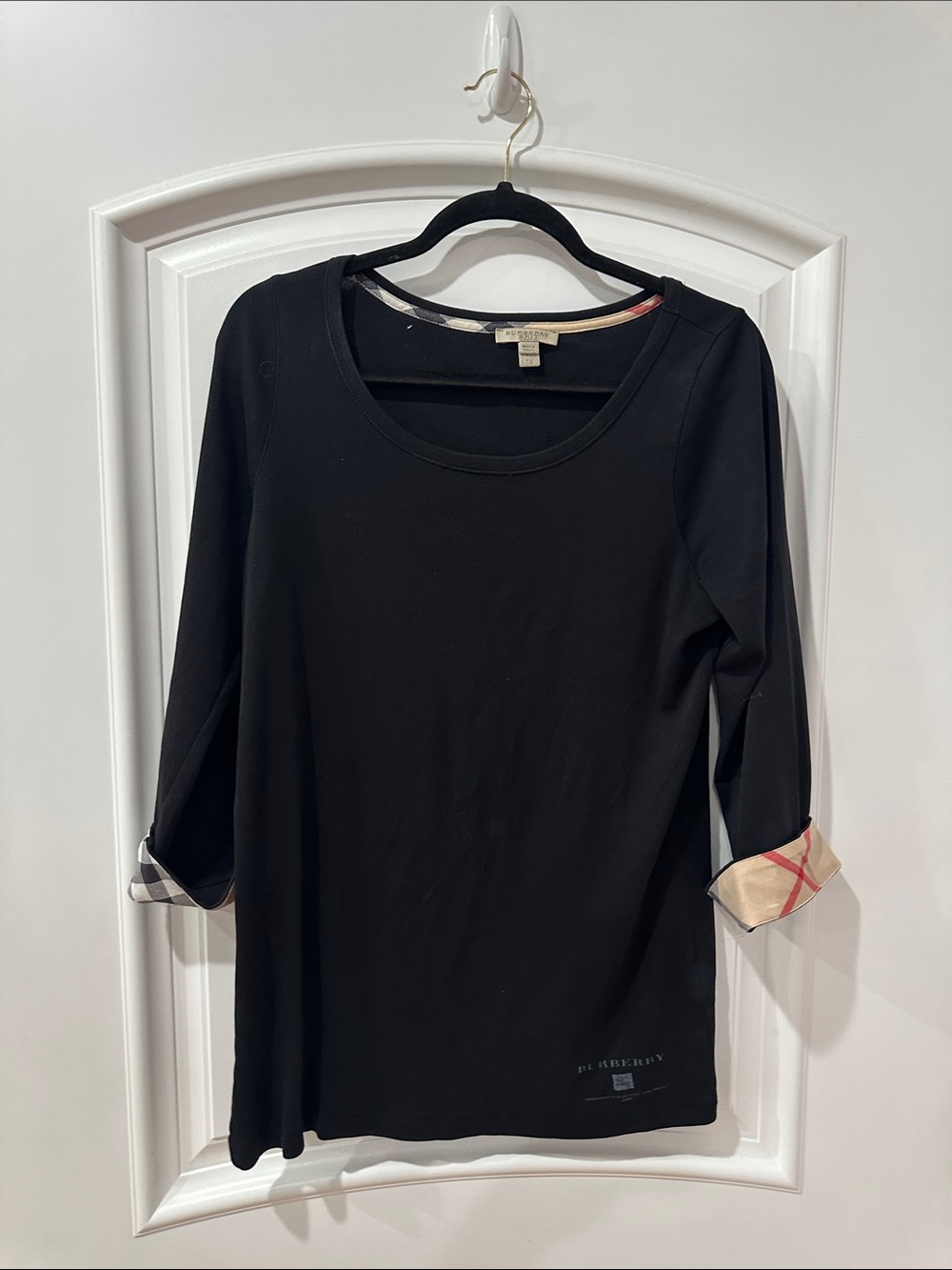 Burberry Black Long Sleeve Cotton Top with Classic Check Accents